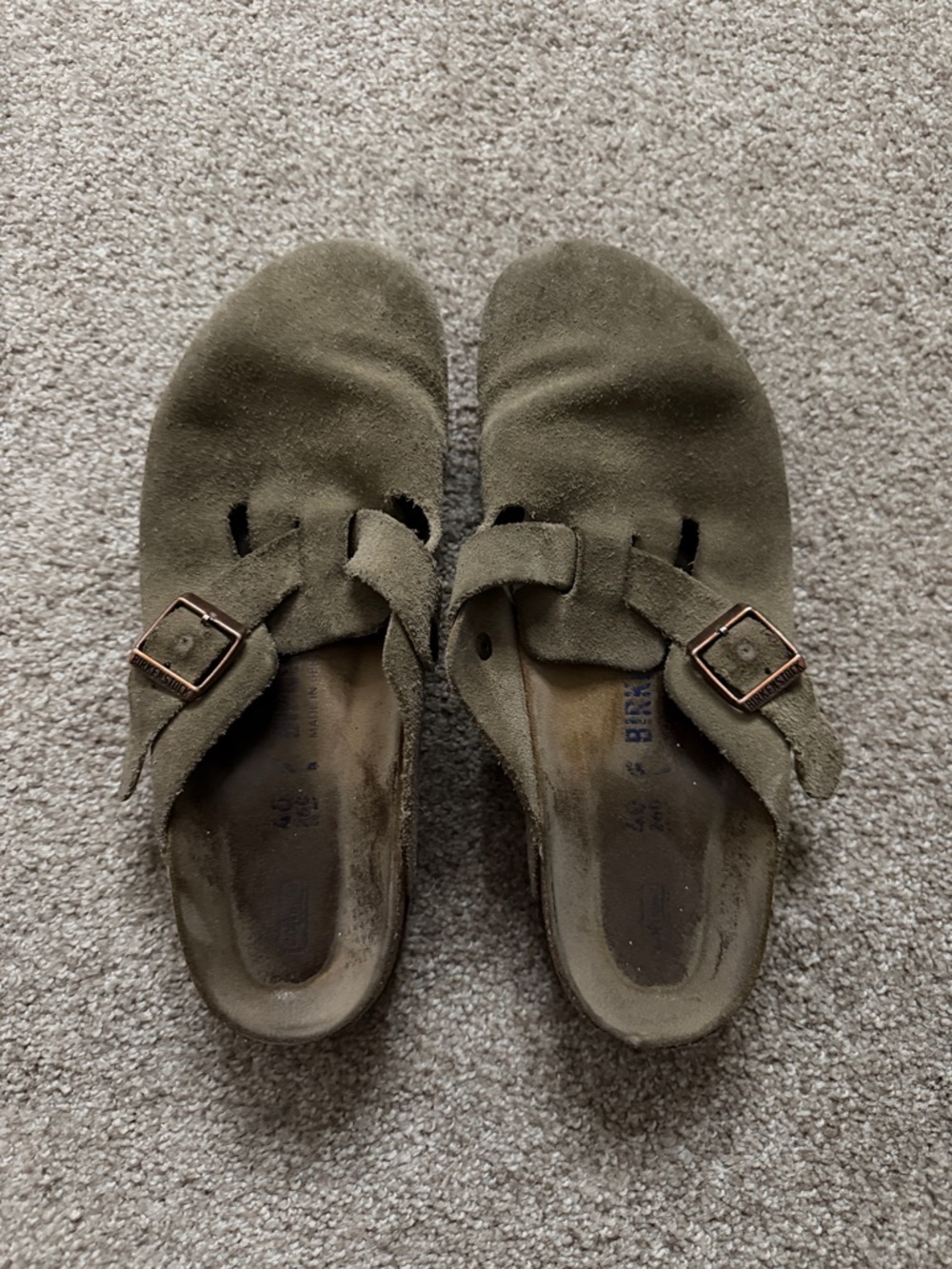 Birkenstock Olive Green Suede Clogs with Copper Buckles